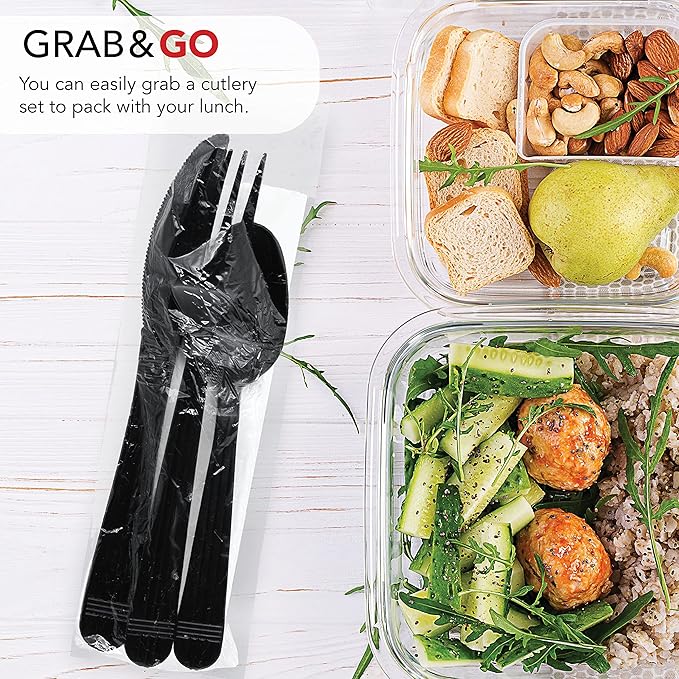 Party Essentials Individually Wrapped Black Plastic Cutlery Packets/Heavy Duty Silverware Kits, Fork/Spoon/Knife/Napkin, 100 Sets