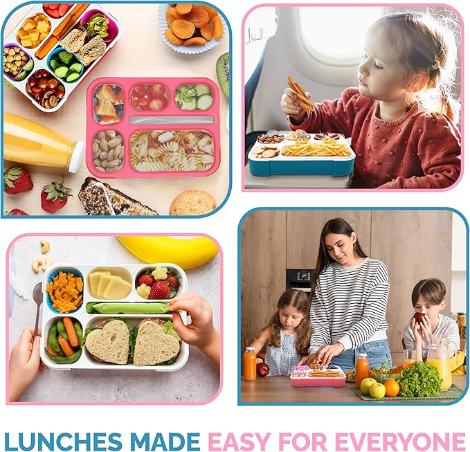 Bento Lunch Box Kids & Adult: Leakproof Containers for Boys & Girls with 6 Compartments - School, Daycare, Meal Planning Portion Control Container, BPA-Free Boxes, Utensils, Blue & Pink Set