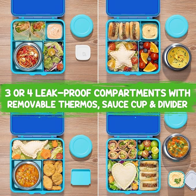 Fimibuke Bento Box for Kids with Thermos, 60OZ Bento Lunch Box Container with Leakproof 8OZ Insulated Food Jar, 3-4 Compartments, Sauce Jar, Utensils for Teens Toddler Adult, BPA-Free, Dishwasher Safe