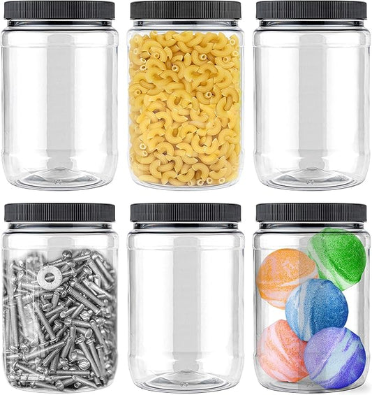 Stock Your Home 32 oz Plastic Jars (6 Pack) - BPA Free Plastic Mason Jars for Kitchen - Pantry Jars with Airtight Lids for Storing Rice, Pasta, Coffee, Grains, Candy, Cookies