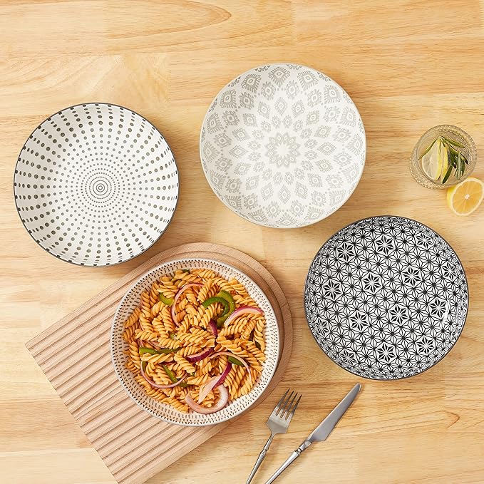 Signature Housewares 26 OZ Shallow Dinner Bowls/Deep Plates Perfect for Spaghetti and Salads - Set of 4 - Large Ceramic Bowls - Colorful Pasta Bowls - Set of 4, Multi-tone Neutral