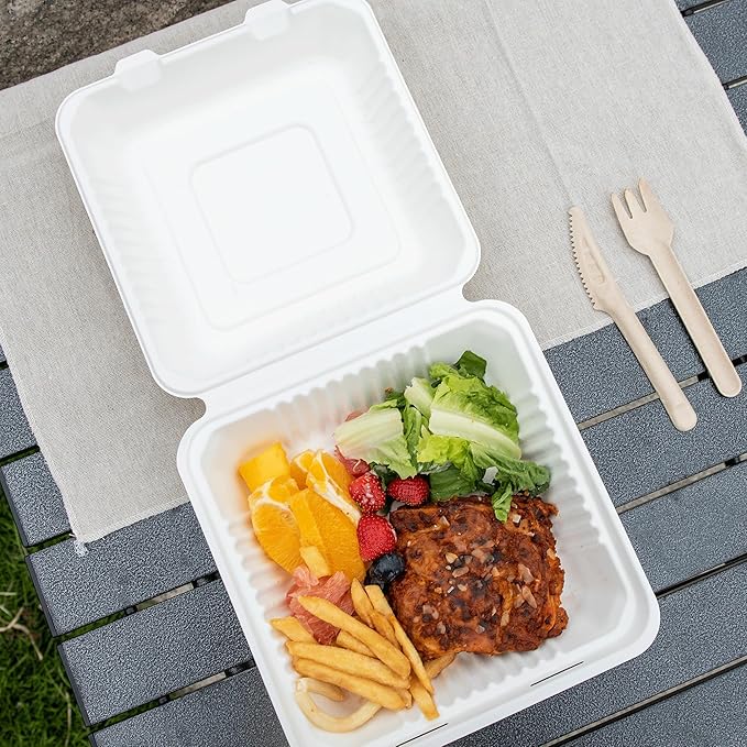 togo Containers Disposable - 50 Pcs 8" x 8" clamshell Take Out Food Containers 100% Compostable, White Biodegradable Meal Prep Box, To Go Containers with Lids for Food (1-Compartment)
