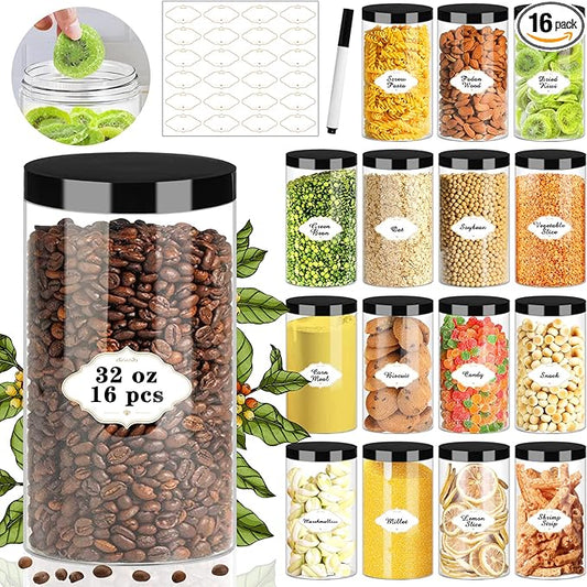 Plastic Jars with Lids, 16 Pcs 32 OZ Large Plastic Storage Jars with Black Leakproof Lids Cylinder Plastic Storage Container Jar Reusable Clear Empty Jars for Home and Kitchen Organizing