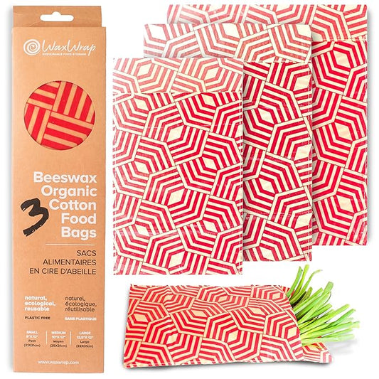 WaxWrap Beeswax Wraps For Food, Organic Cotton Food Bags - Sustainable Plastic Bag Alternative, Reusable Snack Bags, Bees Wax Wraps Reusable Food Storage - Assorted 3 Pack (S, M, L)