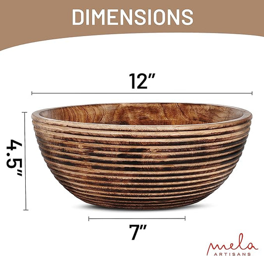 Mela Artisans 12'' Wooden Fruit Bowl, Large Serving Bowl for Salads, Cereals, Snacks & Mixing | Decorative Bowls for Kitchen | Darma Valley Collection