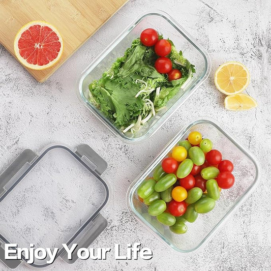HOMBERKING 4pc Glass Food Storage Containers with Lids, Glass Meal Prep Containers with Leak Proof Snap Lock Lids, Airtight Bento Lunch Boxes, Kitchen Storage (2 lids & 2 Containers) - Grey