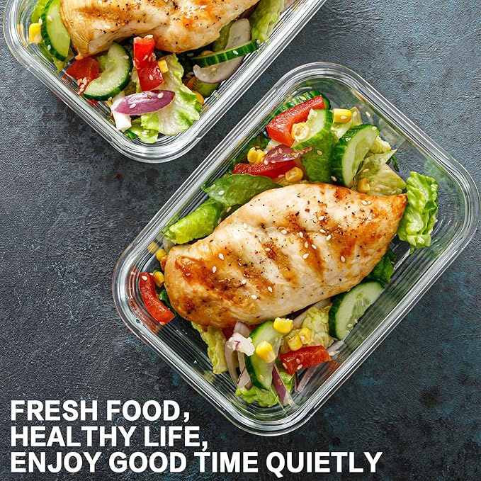 Bayco 10 Pack Glass Meal Prep Containers, Glass Food Storage Containers with Lids, Airtight Glass Lunch Bento Boxes, BPA-Free & Leak Proof (10 lids & 10 Containers) - White