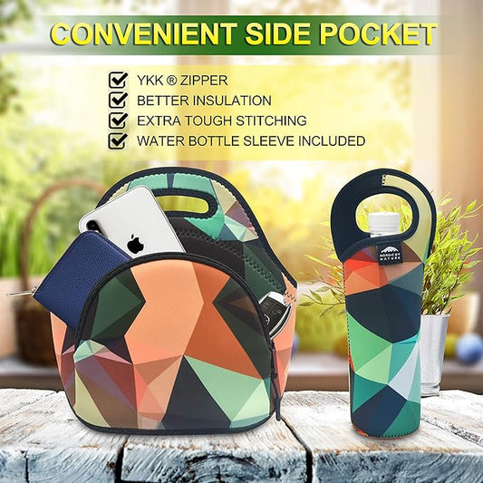 Nordic By Nature Neoprene Lunch Bag, Extra Side Pocket, Thick Insulated Tote With Bottle Sleeve, Flexible & Durable (Mosaic Camo)