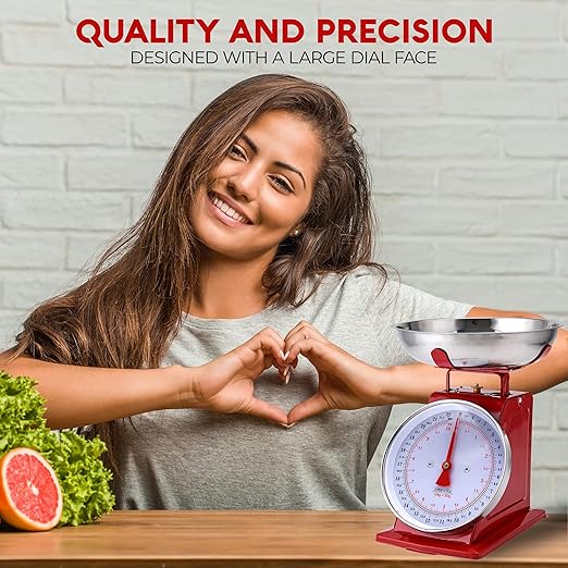 Alpine Cuisine Analog Kitchen Scale Red - Mechanical Kitchen Weighing Food Scale Weighs Up to 22 Lbs., Analog Food Scale for Kitchen - Measures in Grams and Ounces - Food Weight Scale