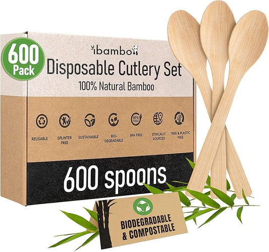 100% Bamboo Spoons Set - Eco Friendly Cutlery (600 Biodegradable Spoons) | Reusable or Disposable Bamboo Utensils | Compostable FSC Certified Silverware for Weddings, Camping, Parties