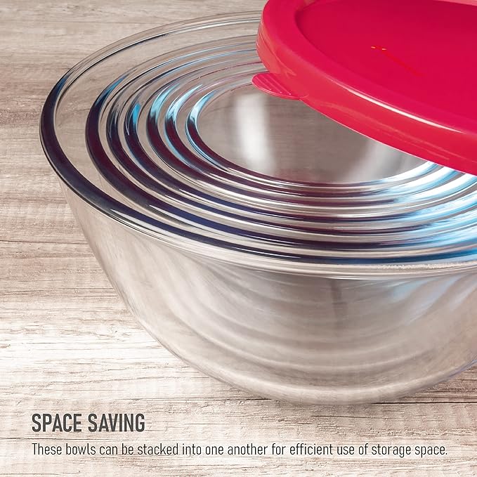 7 Stackable Space-Saving Nesting Glass Bowls with BPA Free Lids for Foodprep, Storage, Baking, Mixing & Cooking, Microwave Safe - Durable Inert Borosilicate Glass