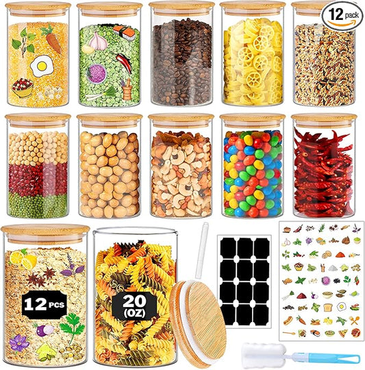 Glass Jars with Bamboo Lids 20 oz, 12 Pcs Stackable Kitchen Glass Pantry Storage Containers with Bamboo Lids for Rice, Candy, Sugar, Flour, Nuts, Cookie, Bean
