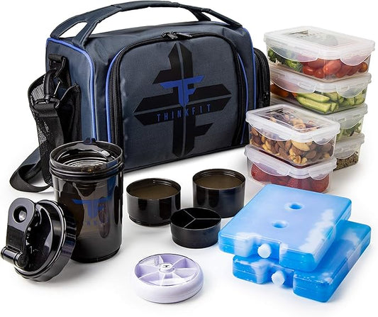 ThinkFit Insulated Lunch Box with 6 Portion Control Containers, Pill Dispenser, Shaker Cup & Ice Packs - BPA-Free, Reusable, Microwavable, Freezer Safe - Blue