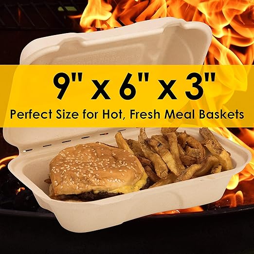 Avant Grub Durable, Leak-Proof Take Out Food Box 50 Pack. Sturdy, Plant-Based Gluten Free Compostable Wheatstraw Fiber 6x9 Clamshell Hinged Container, Microwavable and Great for Restaurant Carryout