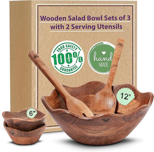 Melvvi Large Wooden Salad Bowl Set with 2 Small Bowls and 2 Serving Utensils | 12" & 6" Wide Natural Acacia Wood Bowls for Food | Mixing Pasta with Tongs | Gift for Fathers