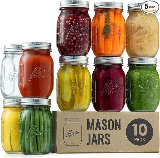 Paksh Novelty Mason Jars with Lids & Sealer - 5 Pack 16 Oz Regular Mouth Glass Canning Jars - Food Storage Container - Airtight Container for Pickling, Candles, Overnight Oats, Fruit Preserves