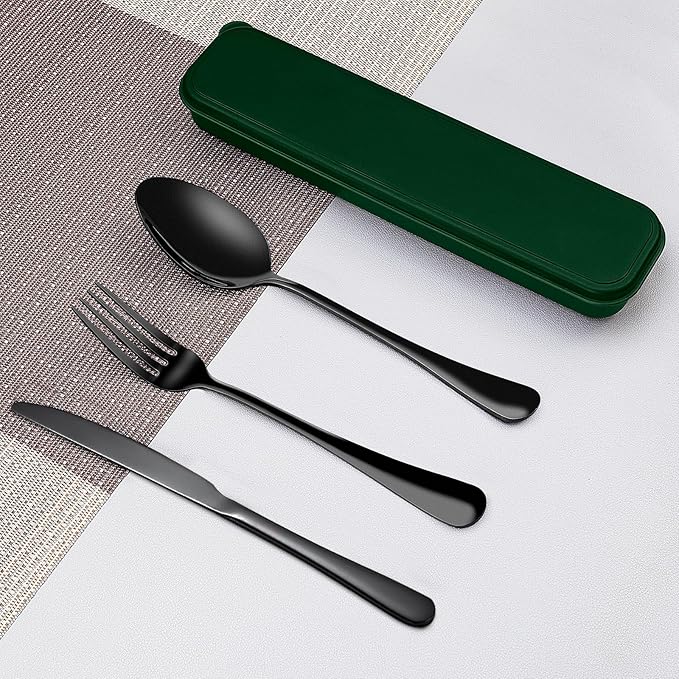 Portable Cutlery Set With Case - 18/8 Stainless Steel Spoon and Fork for Lunch Box, 3 PCs Silverware Ideal for Travel, Camping, Office
