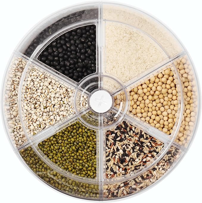 Grain and Rice Dispenser, 8 Quarts Rotating 360° Kitchen Dry Food Storage Container with 6 Compartments, Easy Disassembly for Cleaning, Compact Design