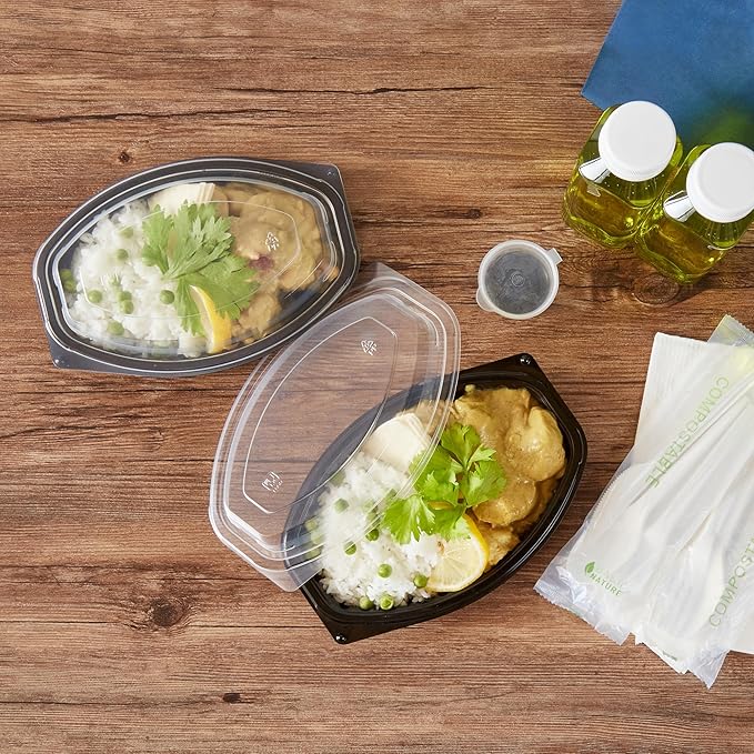 Restaurantware RW Base 12 Ounce Meal Prep Containers, 100 Microwavable To Go Containers With Lids - Disposable, Freezable, Black Plastic Oval Food Containers, Pack Hot And Cold Food, For Takeaway