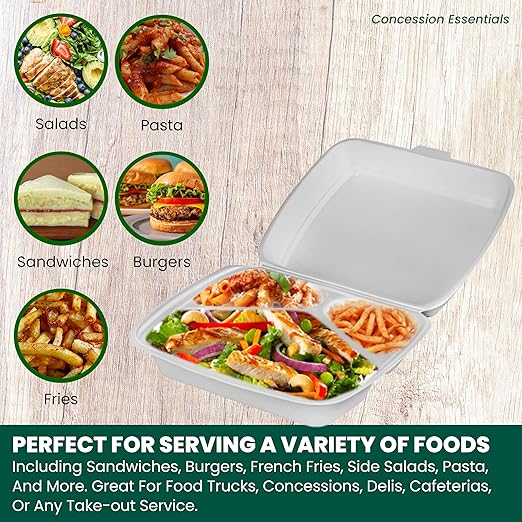 Concession Essentials Pack of 30CT Large 9 x 9 x 3.5 Inch Foam 3-Compartment Containers, White, Hinged, with Optional Venting, Polystyrene, 9"L x 9"W x 3.5"H