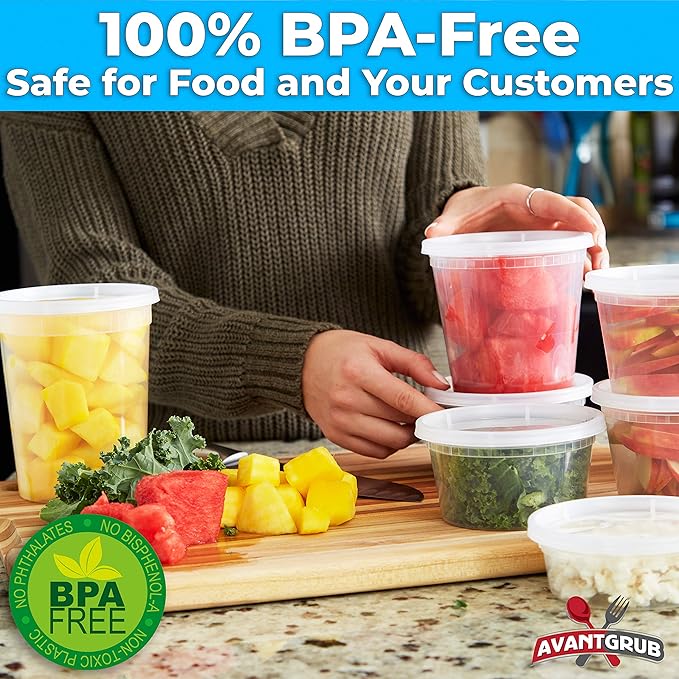 Deli Grade BPA-Free 12oz Plastic Containers with Lids, 24ct. Leakproof Microwavable Portion Container for To-Go Orders, Food Prep and Storage. Reusable Takeout Cups for Restaurant Cafe and Catering.
