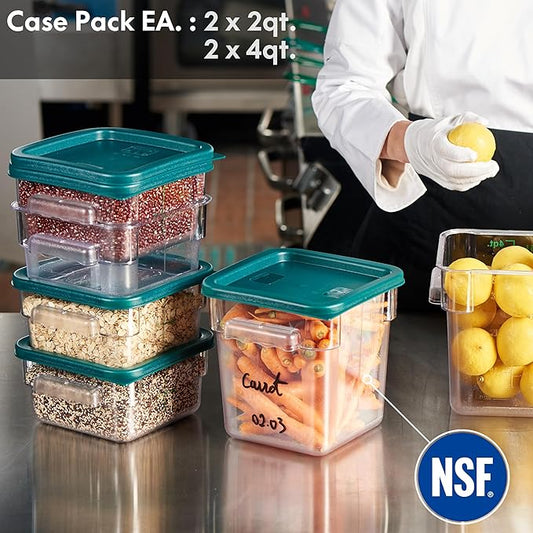 CURTA 4-Pack Food Storage Containers with Blue Lids - 2 Qt & 4 Qt Square Clear Polycarbonate - NSF Listed, Commercial Grade, Freezer & Dishwasher Safe, Stackable
