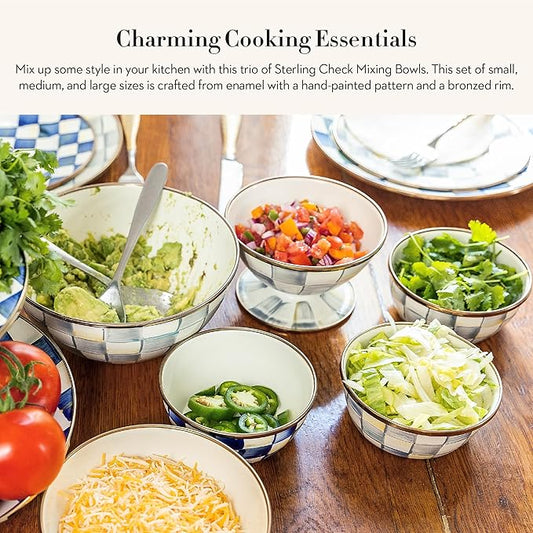 MACKENZIE-CHILDS Enamel Mixing Bowl Set, Small 5-Cup, Medium 10-Cup, and Large 16-Cup Serving Bowls for Entertaining, Set of 3, Gray-and-White Sterling Check