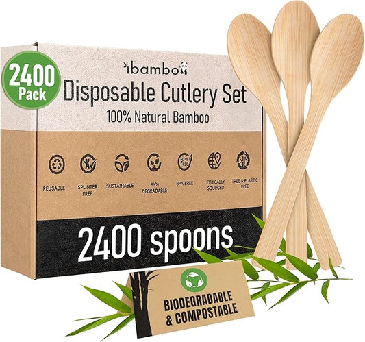 100% Bamboo Spoons Set - Compostable Utensils Set (2400 Eco Friendly Spoons) | Reusable or Disposable Utensils Set | Compostable FSC Certified Silverware for Weddings, Camping, Parties