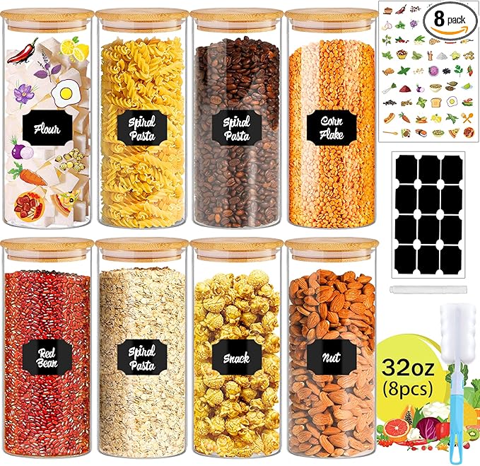 Glass Jars with Bamboo Lids for Kitchen, 32 oz 8 Pcs Airtight Pantry Storage Containers for Rice, Candy, Sugar, Flour, Nuts, Cookie, Coffee Bean