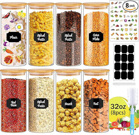 Glass Jars with Bamboo Lids for Kitchen, 32 oz 8 Pcs Airtight Pantry Storage Containers for Rice, Candy, Sugar, Flour, Nuts, Cookie, Coffee Bean