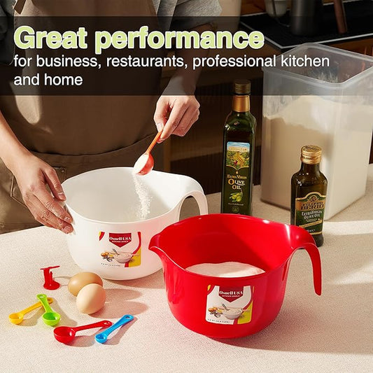 2 Pcs Large Mixing Bowls with Handles, 3.6 qt - Plastic Nesting Bowls for Kitchen, Lightweight Batter Bowls, Easy to Clean, White & Red