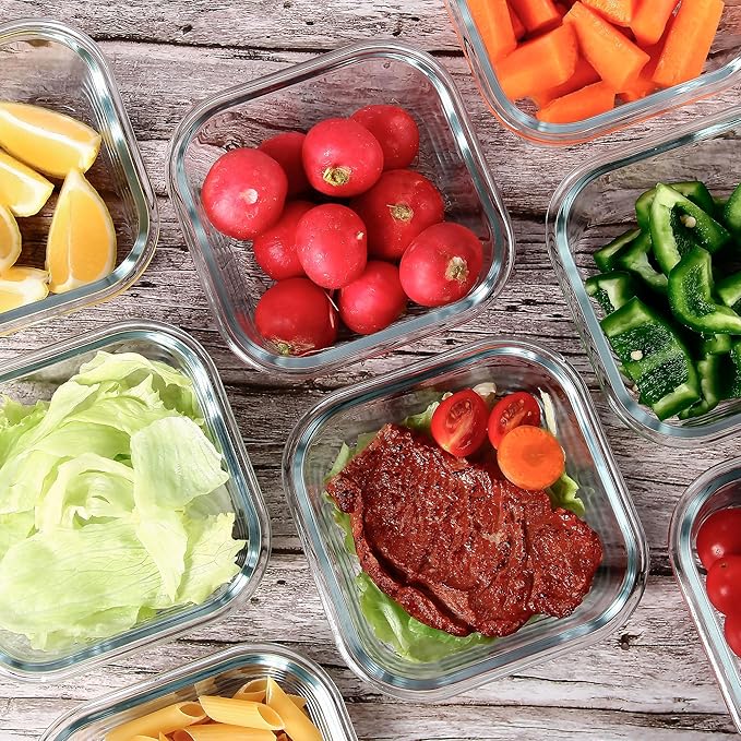 12 Pack Glass Meal Prep Containers with Airtight Lids, Leak-Proof Food Storage Containers, Dishwasher/Microwave/Oven/Freezer Safe Glass Containers for Lunch, Leftovers, to Go (Grey)