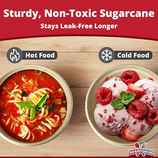 Leak-Proof, Compostable, Stackable 11.5 oz Bowls 25 Pk. Sturdy, Plant-based, Microwave Safe Sugarcane Containers for Dinner or Dessert. Small but Deep Serving Bowls for Hot Soup, Salad, and Snacks