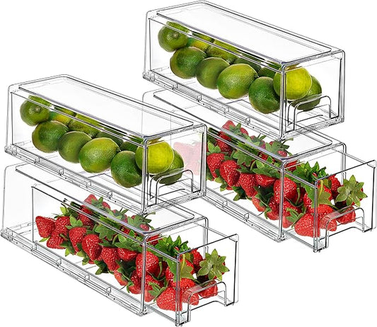 Sorbus Small Wide Clear Storage Drawers (4 Pack) – Stackable Pull-Out Storage Bins for Fridge, Pantry, and Cabinet Organization – Acrylic Drawer Organizers