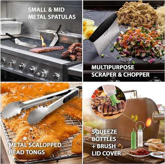Metal Spatula Set - Griddle Accessories kit - Grill Flat Spatula Pancake Flipper Hamburger Turner - Metal Utensil great for BBQ Grill Flat Top - Cast Iron Griddle Accessories - Commercial Grade