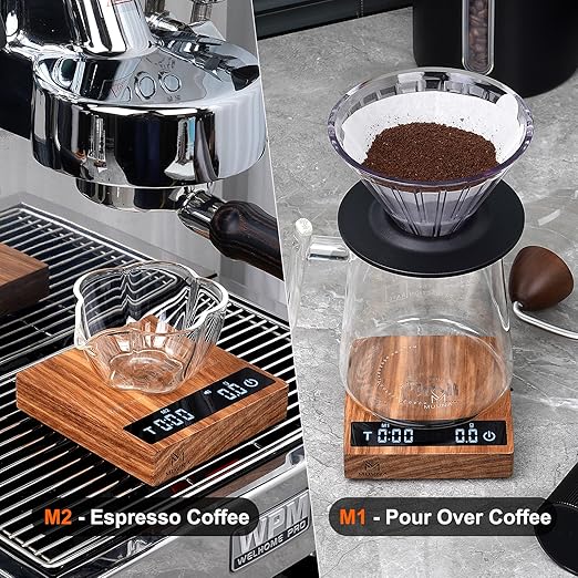 0.1g High Precision Digital Mini Coffee Scale, 0.3g to 2kg Measuring Range Rechargeable Espresso Mini Scale with Tare Function, LED Display(Wood)