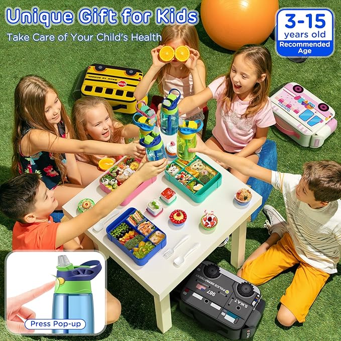 Bento Box for Kids with Insulated Lunch Bag, Lunch box Set with Kids Water Bottle, Ice Pack, Utensils, Sauce Container, Lunch Container for Kids, Toddlers, Boys Age 3-15(Black Police Car)
