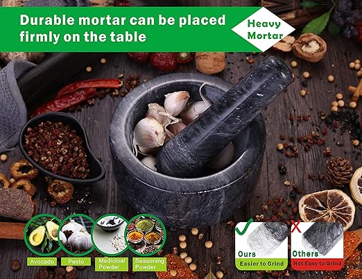 Mortar and Pestle Set Polished Natural Marble Guacamole Molcajete Bowl, 5.5inch Stone Spice Grinder with Silicone Pad, Stainless Steel Spoon and Small brush, 400ml Capacity(Large, Dark Gray)