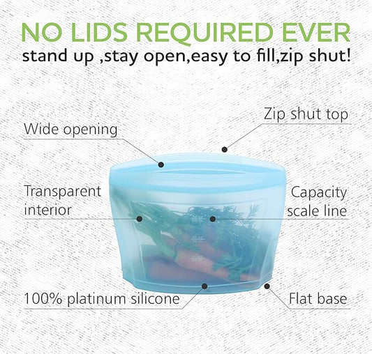 Reusable Silicone Food Storage Bag, Stand Up Food Storage Container, Reusable Zipper seal bag, no lid required, for Food Storage& Meal Prep, Freezer Oven Dishwasher - Safe, Set of 6 Bowls