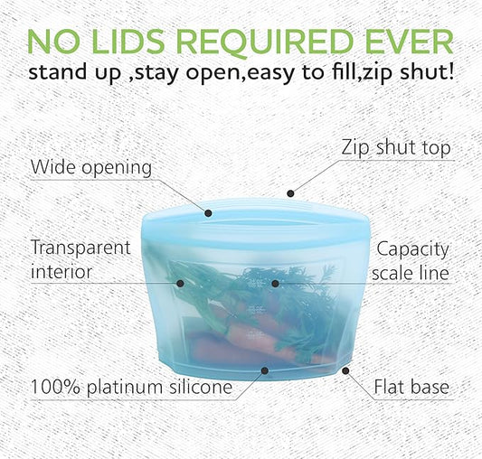 Reusable food container, silicone bag, 6 Pcs Zip Containers Can be used for fruit and vegetable snacks, etc. Microwave Dishwasher and Freezer Usable (white)