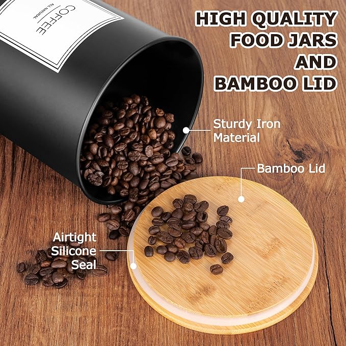 Canisters Sets for Kitchen Countertop, Black Metal Kitchen Canisters Set of 3, Flour and Sugar Storage Containers with Airtight Bamboo Lid and Stickers, Coffee and Tea Storage, Farmhouse Decor