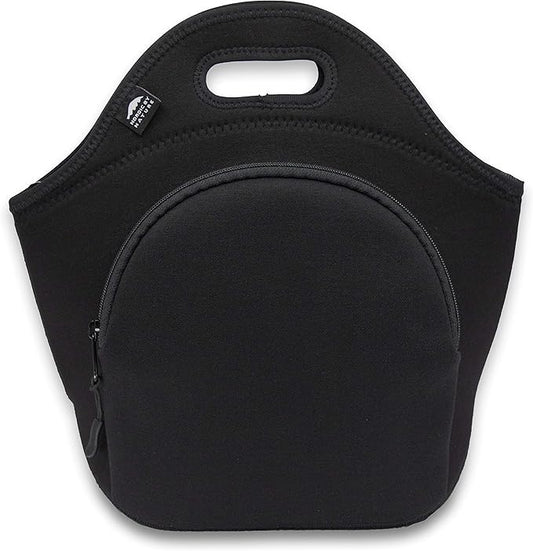 Nordic By Nature Large Neoprene Lunch Bag for Women & Lunch tote for Kids Insulated Lunch bag Reusable Washable Extra Thick Neoprene & Soft Cotton Feel, Premium Stitching, Outside Pocket, (L) Black