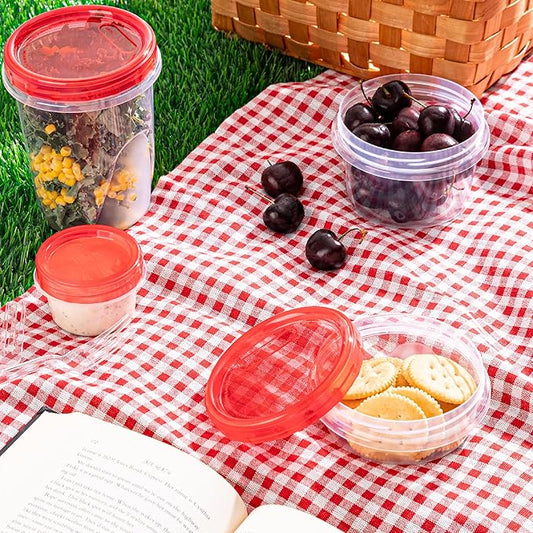 PLASTICPRO 24 Pack Twist Top Containers Assorted Sizes Plastic Food Storage Containers with Red Twist on Lids Stackable Reusable