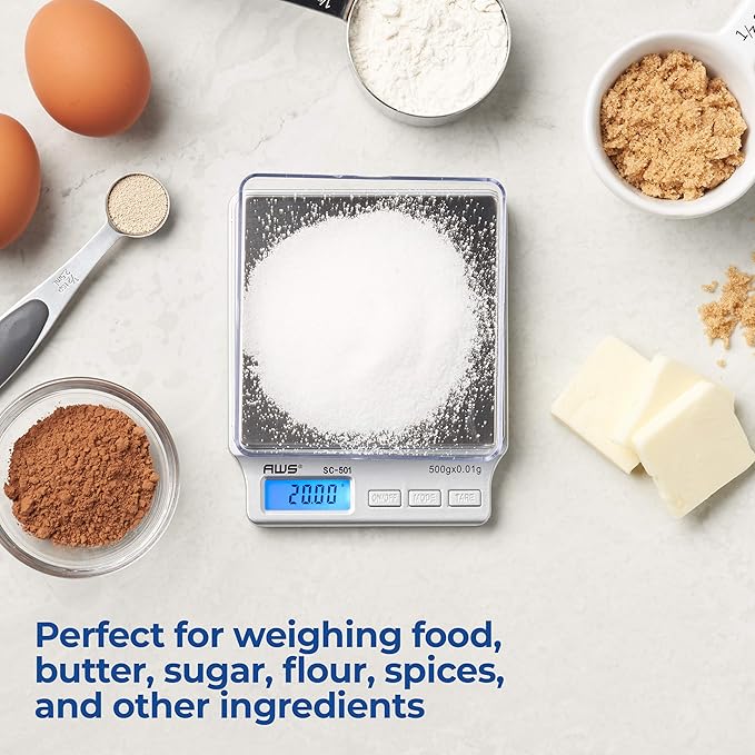 American Weigh Scales SC Series Precision Digital Food Kitchen Weight Scale, LCD Display, Silver, 500 x 0.01G (AMW-SC-501)