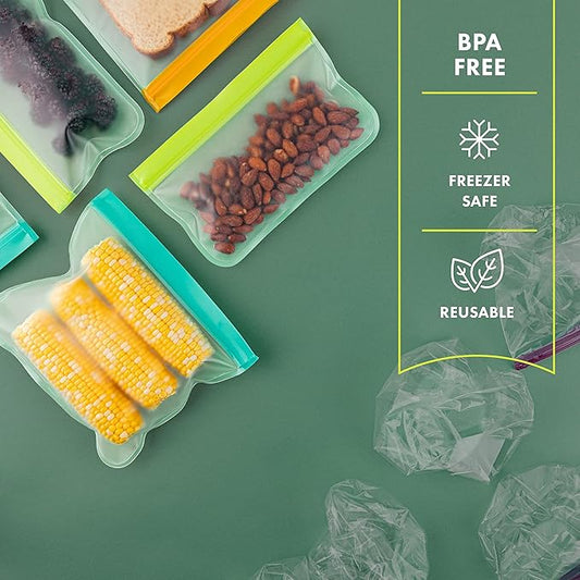10 Pack Dishwasher Safe Reusable Food Storage Bags - Extra Thick Leakproof Silicone Freezer Bags, Reusable Lunch Bag for Salad Fruit Travel - 2 Gallon, 4 Sandwich, and 4 Snack Bags