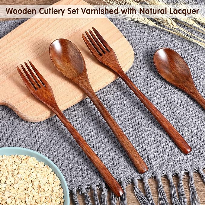 Patelai Wooden Spoons Forks Set Wood Dinner Utensil Set Reusable Flatware Tableware Set Handmade Natural Cutlery Set Includes Wood Spoon Fork for Cooking Stirring Eating(10 Pieces)