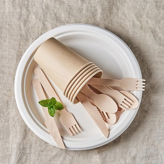 Wooden Cutlery Set - 300 Combo Utensils Disposable Wood Silverware, Party Flatware Recyclable Sustainable (Formerly FULING)