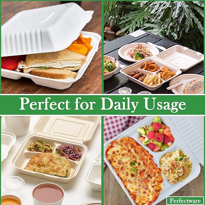 100% Compostable 3 Comp Take Out Food Containers 9x9. 25 Containers, Natural Disposable Bagasse, Eco-Friendly Biodegradable Made of Sugar Cane, Green (PW3comptbagasse-25ct)