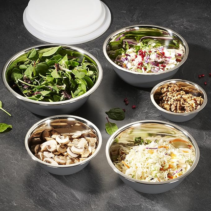 WHYSKO Stainless Steel Mixing Bowl Set, 10 Piece Stainless Steel Mixing Bowls with Lids Set for Food Prep Storage and Serving, Dishwasher Safe Microwave Safe for Kitchen Baking Cooking, Grey