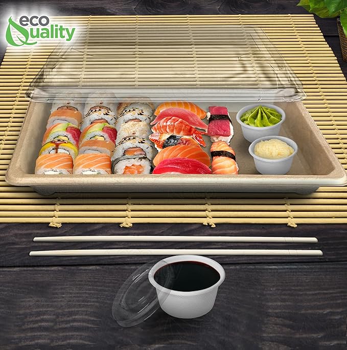 EcoQuality X-Large Compostable Sushi Trays with Lids - Natural Sugarcane Bagasse Take Out Sushi Container - Biodegradable, Disposable Sushi Plate with Lid, Eco Friendly, To go, Serving Tray (25)
